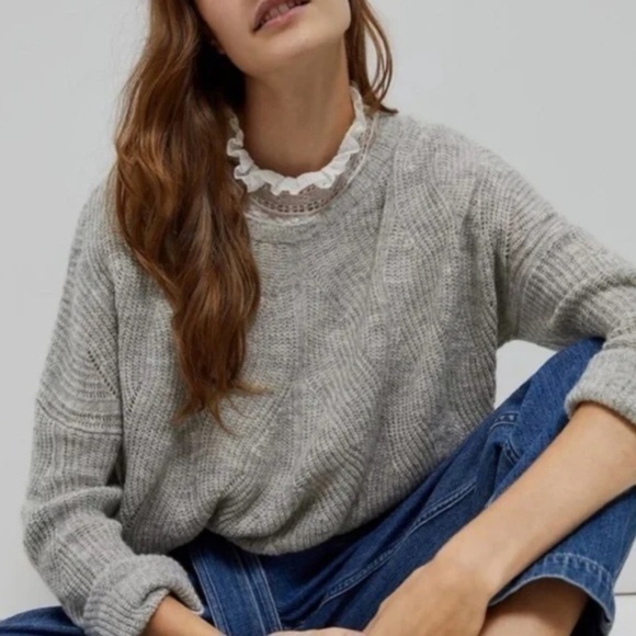Anthropologie Sweaters - ANTHROPOLOGIE WOOL BLEND RIBBED CABLE POINTELLE GRAY KEELY SWEATER XS
